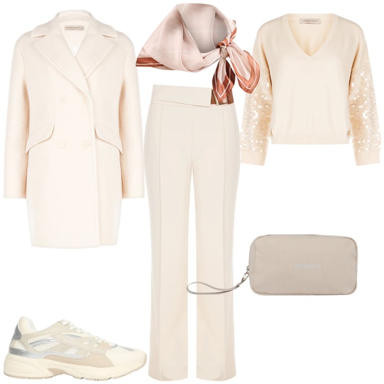 Outfit donna - Trendy week end. Stile Trendy per Tutti i giorni. Abbinamento con sneakers, valigie, pantaloni, maglieria, foulard, cappotti.