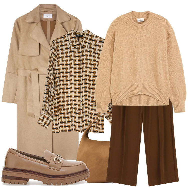 Outfit donna - Capsula 1 Febbraio. Stile Basic per Tutti i giorni. Abbinamento con maglieria, trench, borse a mano, pantaloni, camicie, mocassini.