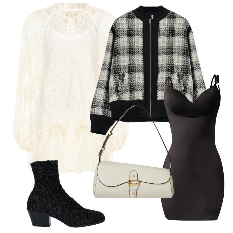 Outfit donna - Febbraio in pizzo avorio. Stile Chic per Tutti i giorni. Abbinamento con stivaletti, bomber, sottovesti, vestiti corti, borse a spalla.