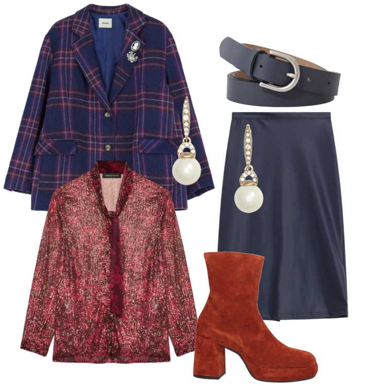 Outfit donna - Total look #2337452. Stile Trendy per Ufficio. Abbinamento con stivaletti, blazer, gonne longuette, cinture, orecchini, camicie.