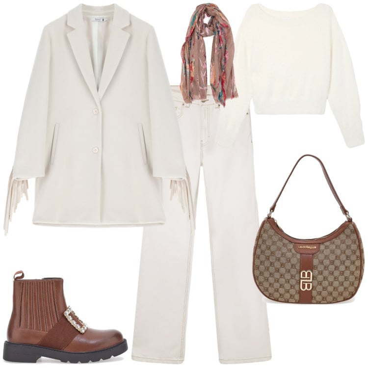 Outfit donna - Trendy ufficio tempo libero. Stile Trendy per Tutti i giorni. Abbinamento con maglieria, jeans bootcut, cappotti, stivaletti chelsea, borse a spalla, foulard.