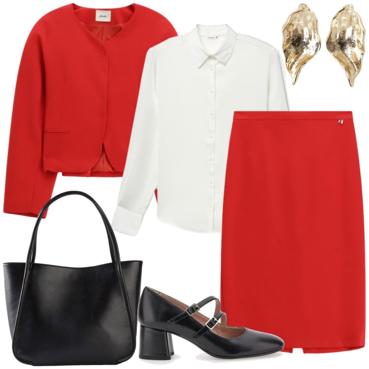 Outfit donna - Tocco di rosso a lavoro!. Stile Chic per Ufficio. Abbinamento con shopping bag, camicie, gonne longuette, orecchini, blazer, décolleté.