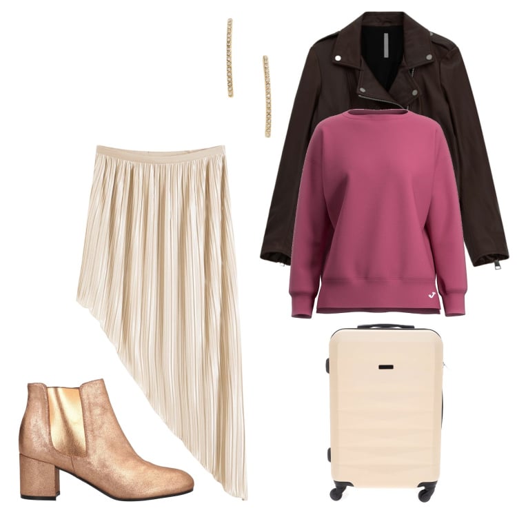 Outfit donna - Chic Getaway. Stile Casual chic per Tutti i giorni. Abbinamento con stivaletti chelsea, gonne, giacche, orecchini, valigie, felpe.