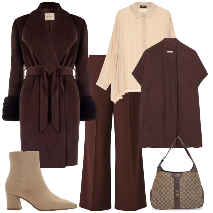 Outfit donna - Casual chic ufficio tempo libero. Stile Casual chic per Tutti i giorni. Abbinamento con stivaletti, cardigans, camicie, cappotti, pantaloni a palazzo, borse a spalla.