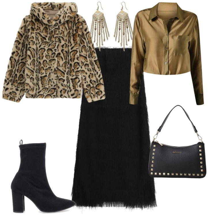 Outfit donna - Chic serata evento speciale. Stile Chic per Serata fuori. Abbinamento con pochette, ecopellicce, orecchini, gonne lunghe, camicie, stivaletti.