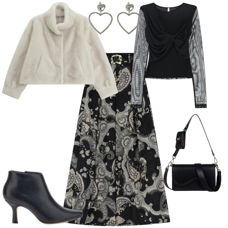 Outfit donna - Chic serata evento speciale. Stile Chic per Serata fuori. Abbinamento con pochette, gonne lunghe, ecopellicce, top, orecchini, stivaletti.