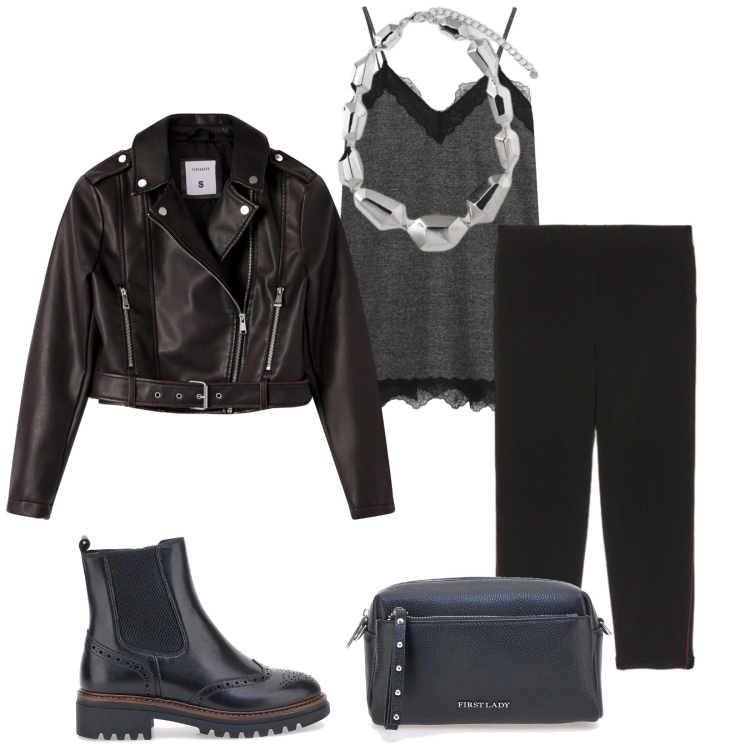 Outfit donna - Total look #2337471. Stile Urban per Tutti i giorni. Abbinamento con vestiti corti, giacche, ciondoli, pantaloni, stivaletti chelsea, borse a tracolla.