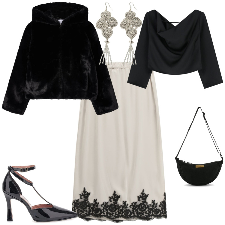 Outfit donna - Chic serata evento speciale. Stile Chic per Serata fuori. Abbinamento con ecopellicce, top, gonne, orecchini, décolleté, borse a tracolla.