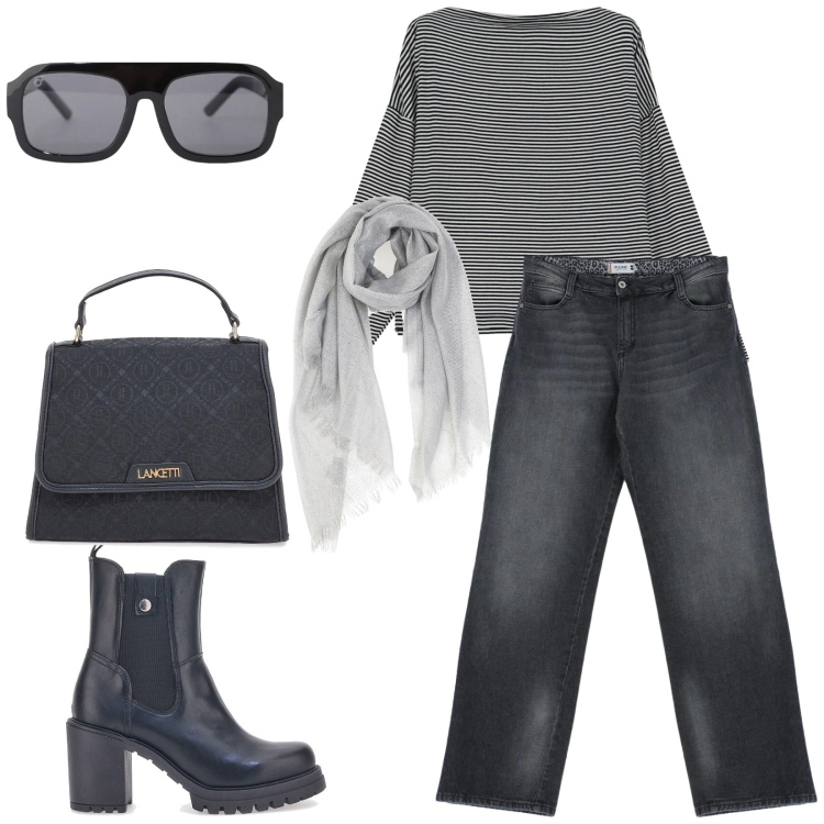 Outfit donna - Total look #2337473. Stile Chic per Tutti i giorni. Abbinamento con occhiali da sole, maglieria, jeans, foulard, stivaletti, borse a spalla.
