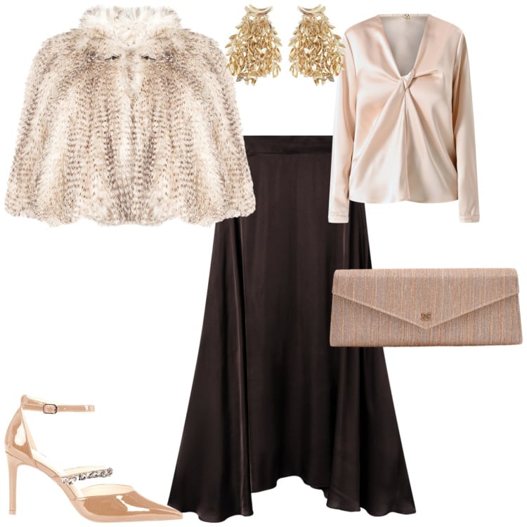 Outfit donna - Bon ton serata evento speciale. Stile Bon Ton per Serata fuori. Abbinamento con gonne longuette, pochette, bluse, ecopellicce, décolleté, orecchini.