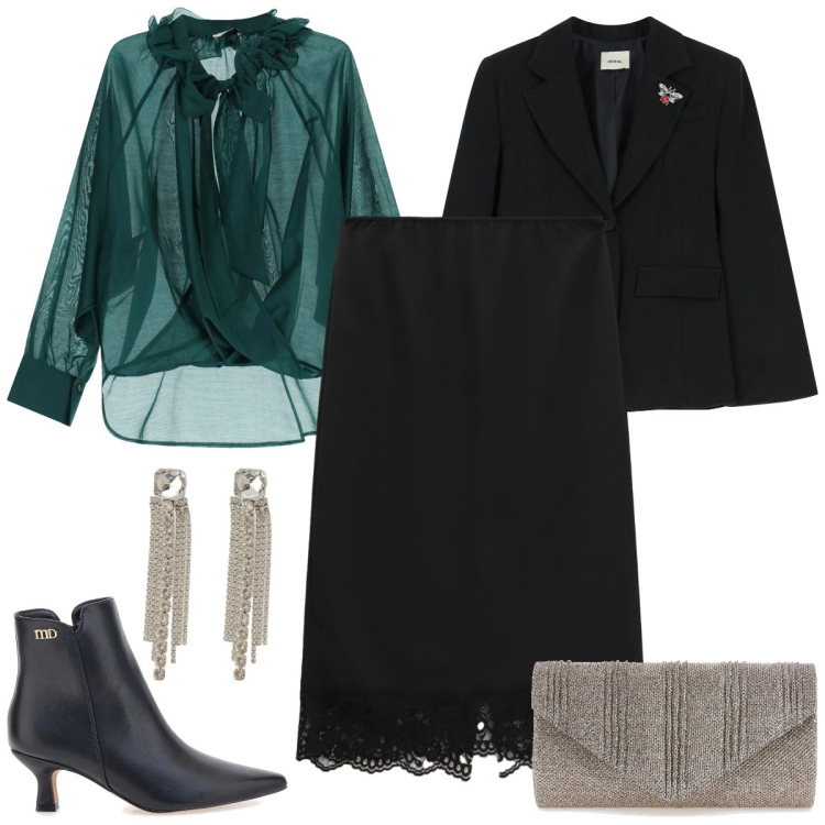 Outfit donna - Total look #2337475. Stile Romantica per Serata fuori. Abbinamento con gonne longuette, orecchini, bluse, blazer, clutch, stivaletti.