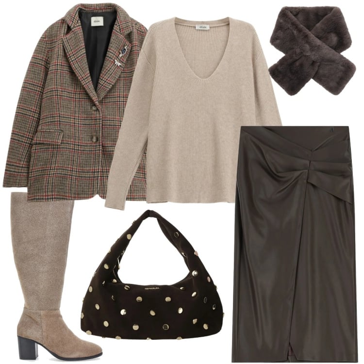 Outfit donna - Total look #2337478. Stile Casual chic per Tutti i giorni. Abbinamento con sciarpe, borse a spalla, gonne longuette, maglieria, blazer, stivali.