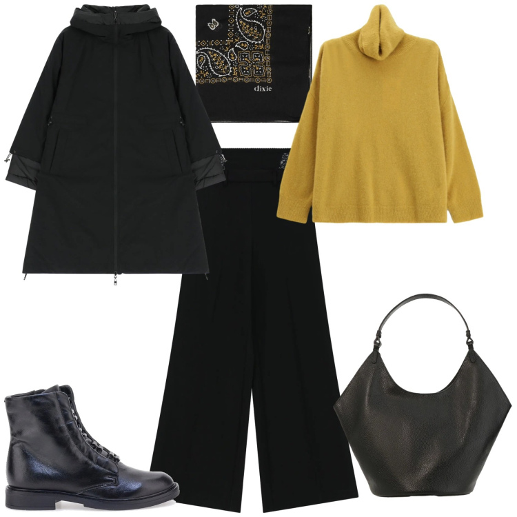 Outfit donna - Trendy in ufficio tempo libero. Stile Trendy per Ufficio. Abbinamento con maglieria, pantaloni a palazzo, borse a spalla, foulard, parka, stivaletti.