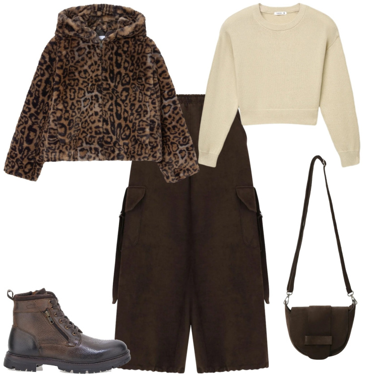 Outfit donna - Sporty chic. Stile Sporty chic per Tutti i giorni. Abbinamento con ecopellicce, maglieria, pantaloni a palazzo, borse a tracolla, anfibi.