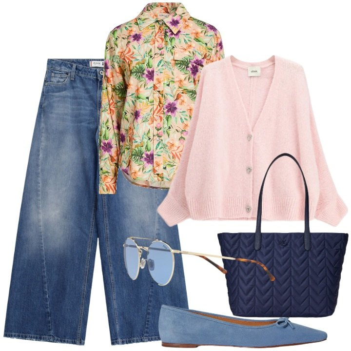 Outfit donna - un jeans e un golfino. Stile Casual chic per Tutti i giorni. Abbinamento con camicie, cardigans, jeans, ballerine, borse tote, occhiali da sole.
