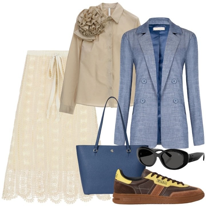 Outfit donna - Gonna in pizzo e blazer strutturato. Stile Chic per Tutti i giorni. Abbinamento con camicie, gonne longuette, blazer, sneakers, occhiali da sole, borse tote.