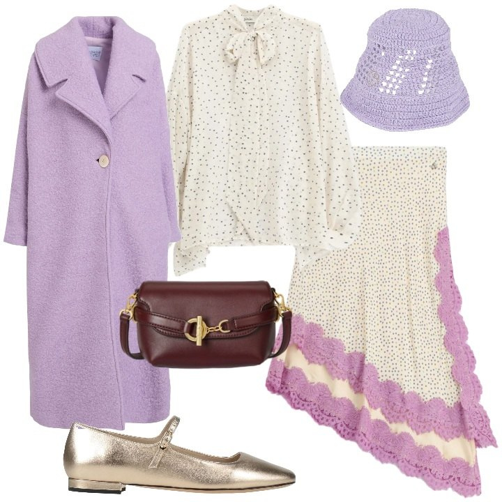 Outfit donna - Il lilla che fa primavera. Stile Chic per Cerimonia. Abbinamento con cappelli, ballerine, cappotti, gonne longuette, camicie, borse a tracolla.