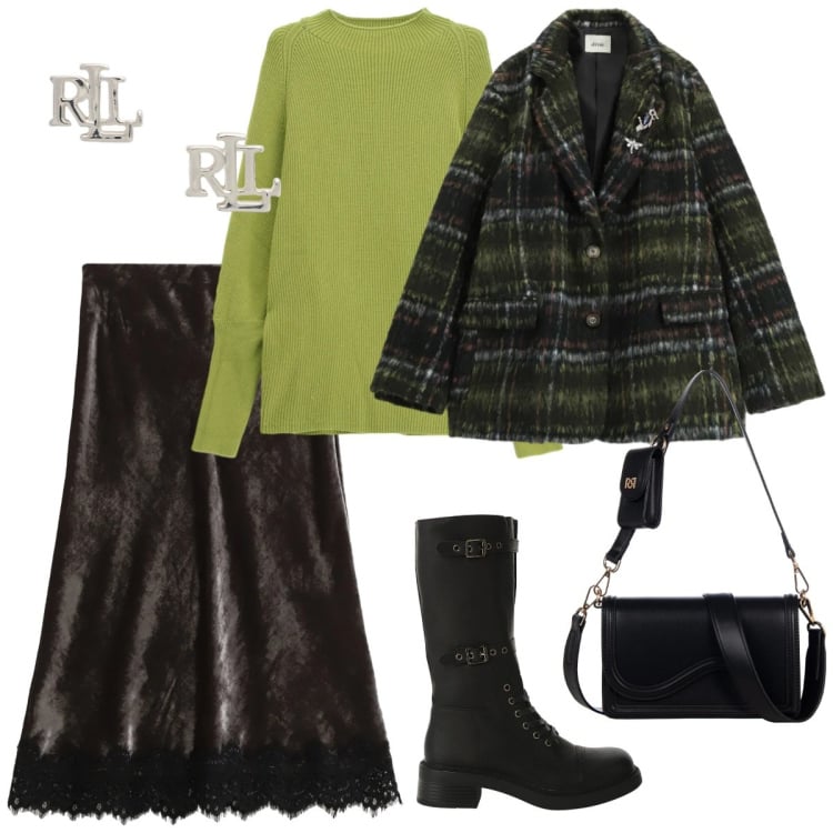 Outfit donna - Serata informale. Stile Casual chic per Serata fuori. Abbinamento con pochette, stivali, orecchini, gonne lunghe, maglieria, blazer.