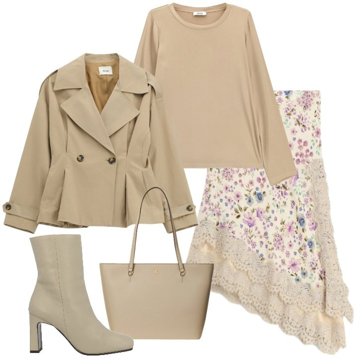 Outfit donna - Gonna con bordo in pizzo asimmetrico. Stile Trendy per Ufficio. Abbinamento con stivaletti, gonne longuette, blazer, t-shirt, borse tote.