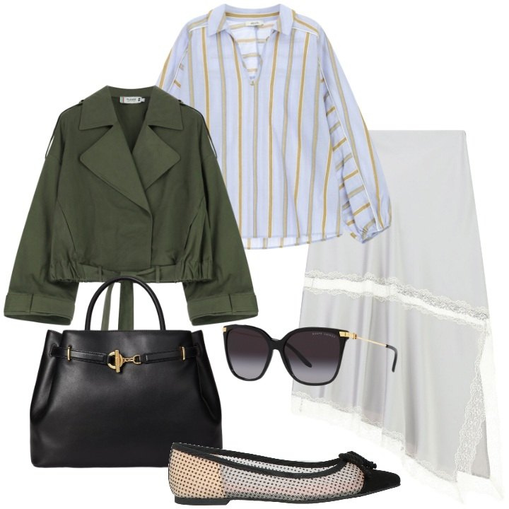 Outfit donna - Street style. Stile Urban per Tutti i giorni. Abbinamento con ballerine, gonne longuette, bluse, parka, occhiali da sole, borse a mano.