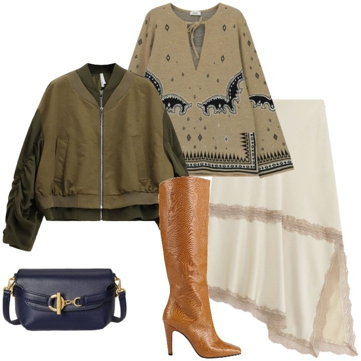 Outfit donna - Serata etnica. Stile Etnico per Serata fuori. Abbinamento con stivali, bomber, gonne longuette, borse a tracolla, maglieria.