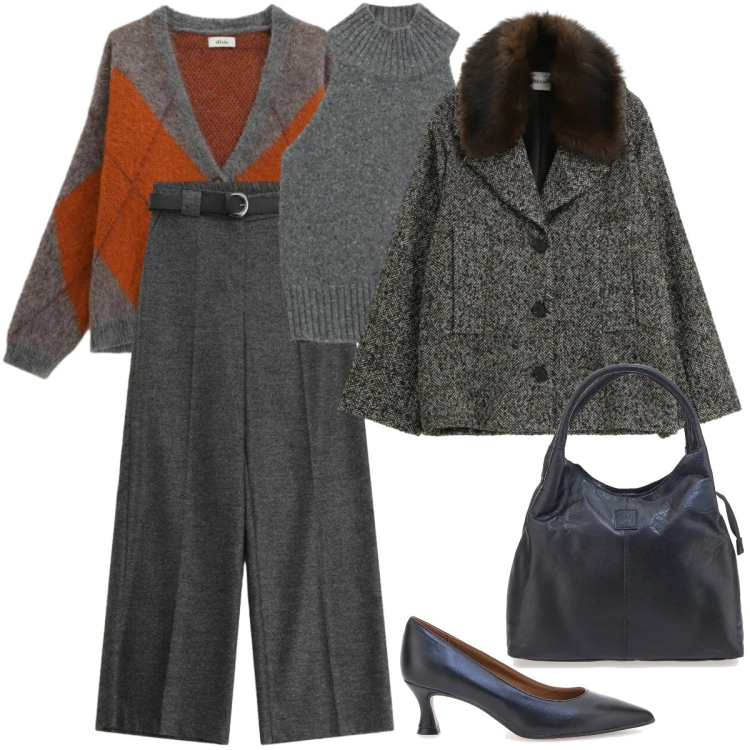 Outfit donna - Total look #2337494. Stile Urban per Ufficio. Abbinamento con cappotti, top, pantaloni a palazzo, cardigans, décolleté, borse a mano.