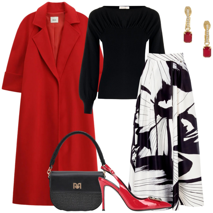 Outfit donna - Rossocuore!. Stile Chic per Serata fuori. Abbinamento con décolleté, cappotti, borse a spalla, gonne lunghe, maglieria, orecchini.