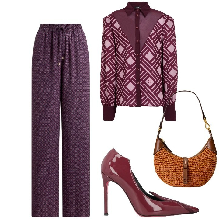 Outfit donna - Chic in color prugna. Stile Chic per Cerimonia. Abbinamento con camicie, décolleté, borse a spalla, pantaloni.