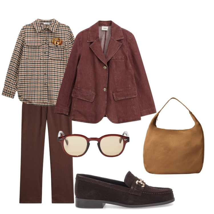 Outfit donna - Cioccolato. Stile Basic per Tutti i giorni. Abbinamento con pantaloni, borse a mano, occhiali da sole, blazer, camicie, mocassini.