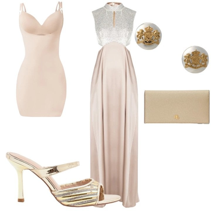 Outfit donna - Siluette perfetta. Stile Chic per Cerimonia. Abbinamento con vestiti lunghi, sottovesti, sabot, orecchini, portafogli.