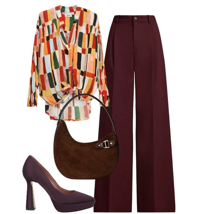 Outfit donna - Blusa al lavoro. Stile Chic per Ufficio. Abbinamento con décolleté, borse a spalla, pantaloni, bluse.