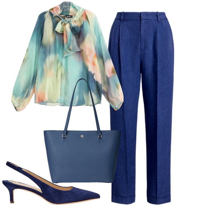 Outfit donna - Blusa tra le nuvole. Stile Vintage retrò per Ufficio. Abbinamento con bluse, borse tote, décolleté, pantaloni.