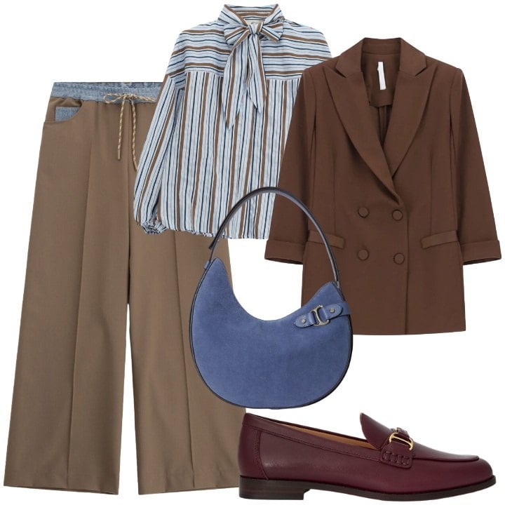 Outfit donna - Mannish con fiocco. Stile Mannish per Ufficio. Abbinamento con blazer, bluse, pantaloni a palazzo, mocassini, borse a spalla.