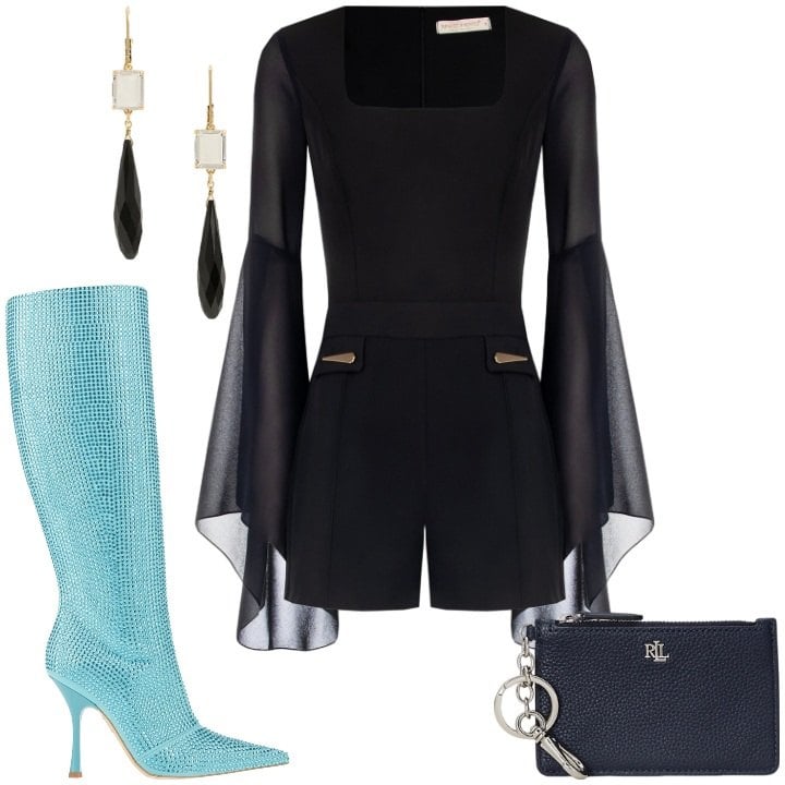 Outfit donna - Stivale glitterato. Stile Glamour per Serata fuori. Abbinamento con stivali, tuta corta, portafogli, orecchini.