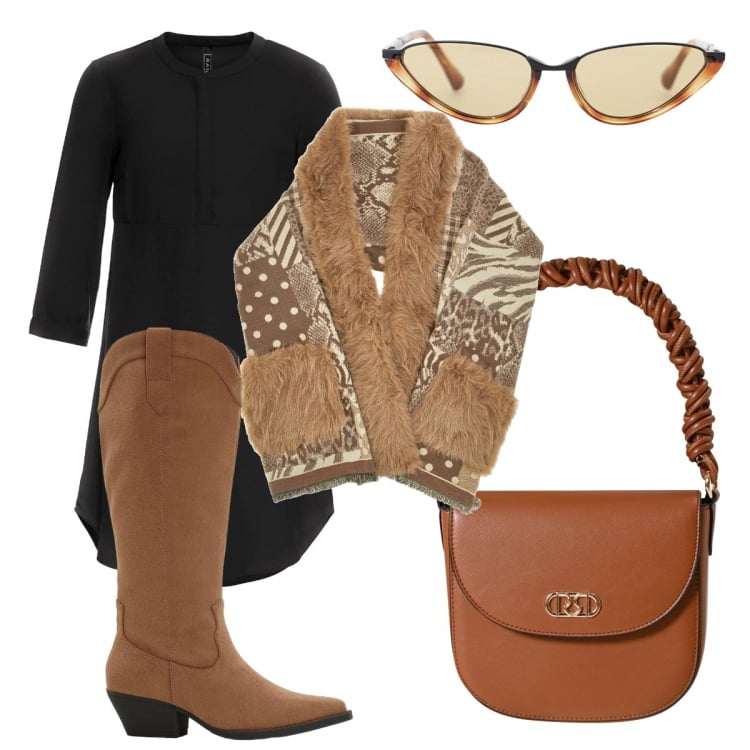 Outfit donna - Patchwork etnico. Stile Etnico per Tutti i giorni. Abbinamento con vestiti, stivali, occhiali da sole, borse a mano, cappe.