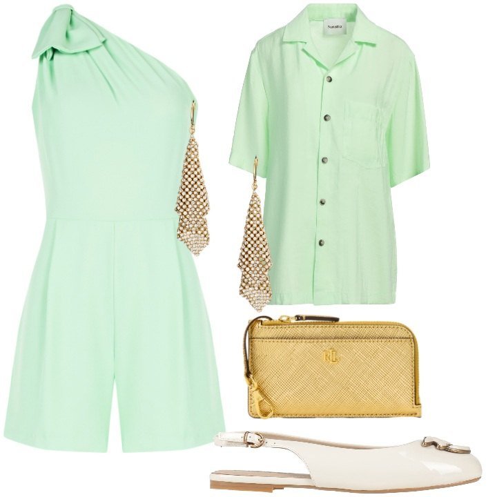 Outfit donna - Verde acqua versione fresca. Stile Vintage retrò per Cerimonia. Abbinamento con camicie a manica corta, ballerine, tuta corta, orecchini, portafogli.