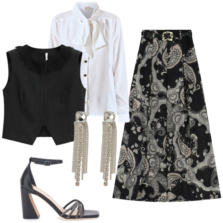 Outfit donna - New Romantic. Stile Glamour per Serata fuori. Abbinamento con gonne lunghe, gilet, orecchini, bluse, sandali col tacco.