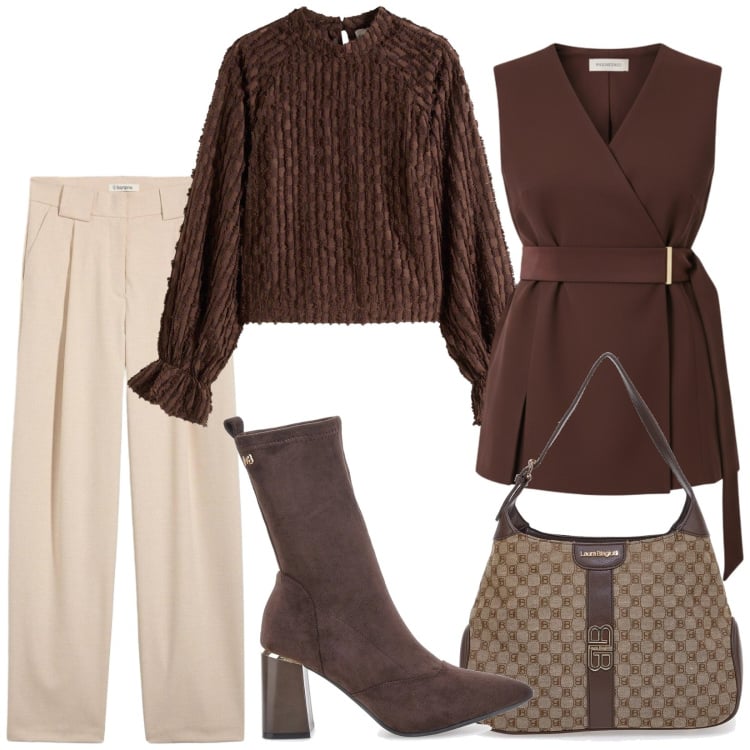 Outfit donna - Total look #2337521. Stile Chic per Tutti i giorni. Abbinamento con bluse, pantaloni, gilet, stivaletti, borse a spalla.