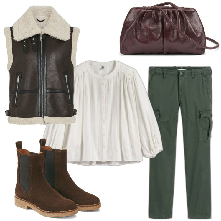 Outfit mujer - Bohemian. Estilo Boho para Todos los días. Combinación con pantalones cargo, botines, camisas, chalecos, bolsos de mano.