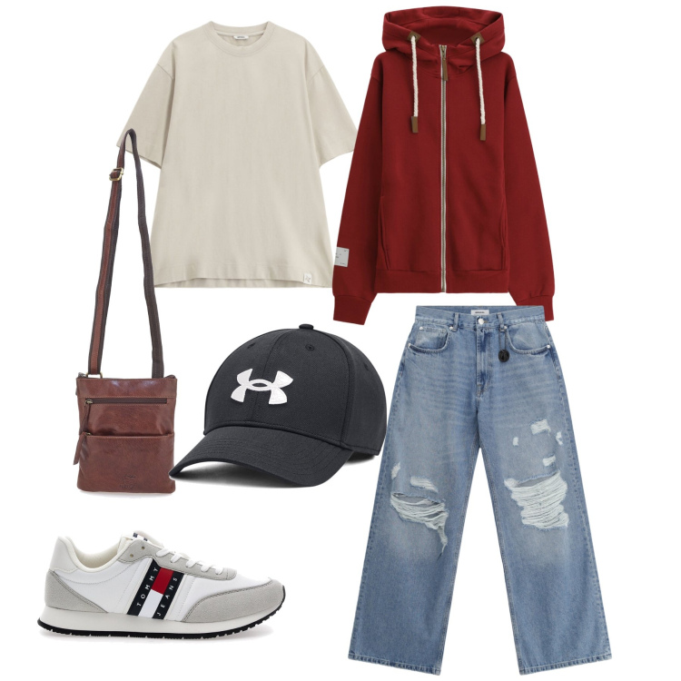 Outfit uomo - Urban Burgundy Comfort. Stile Urban per Tutti i giorni. Abbinamento con felpe con cappuccio, jeans strappati, t-shirt, cappelli, portafogli, sneakers.