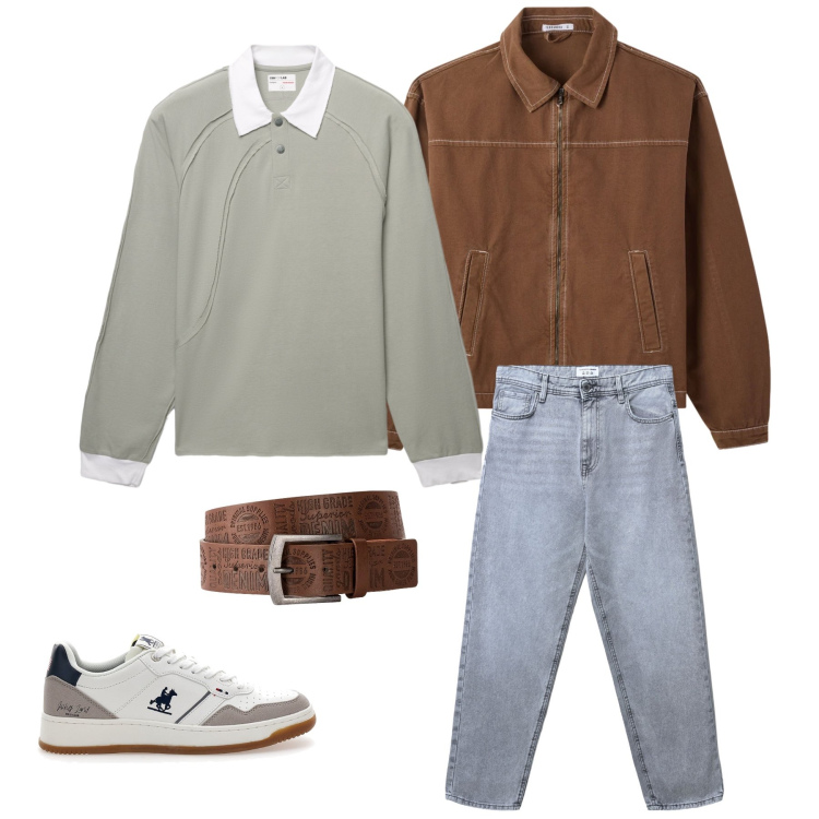 Outfit uomo - Retro Varsity Vibes. Stile Urban per Tutti i giorni. Abbinamento con cinture, jeans, polo, cappotti, sneakers.
