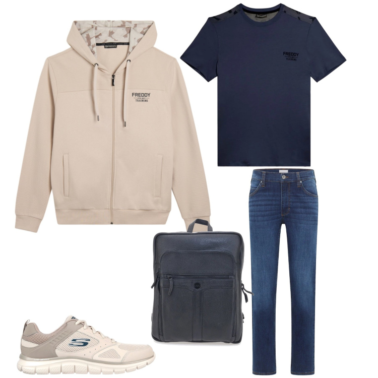 Outfit uomo - Athleisure Training Essentials. Stile Urban per Tutti i giorni. Abbinamento con jeans dritti, felpe con cappuccio, t-shirt, borse sportive, sneakers.