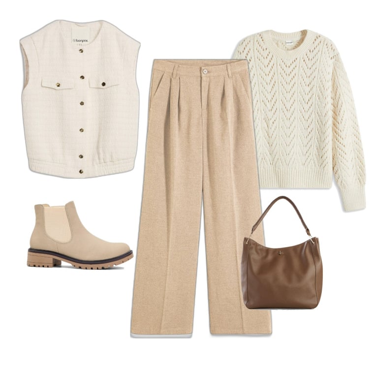 Outfit femme - Février. Style Casual chic pour Tous les jours. Assortir avec pantalon large en bas, boots, blazers, sacs en bandoulière, pulls.