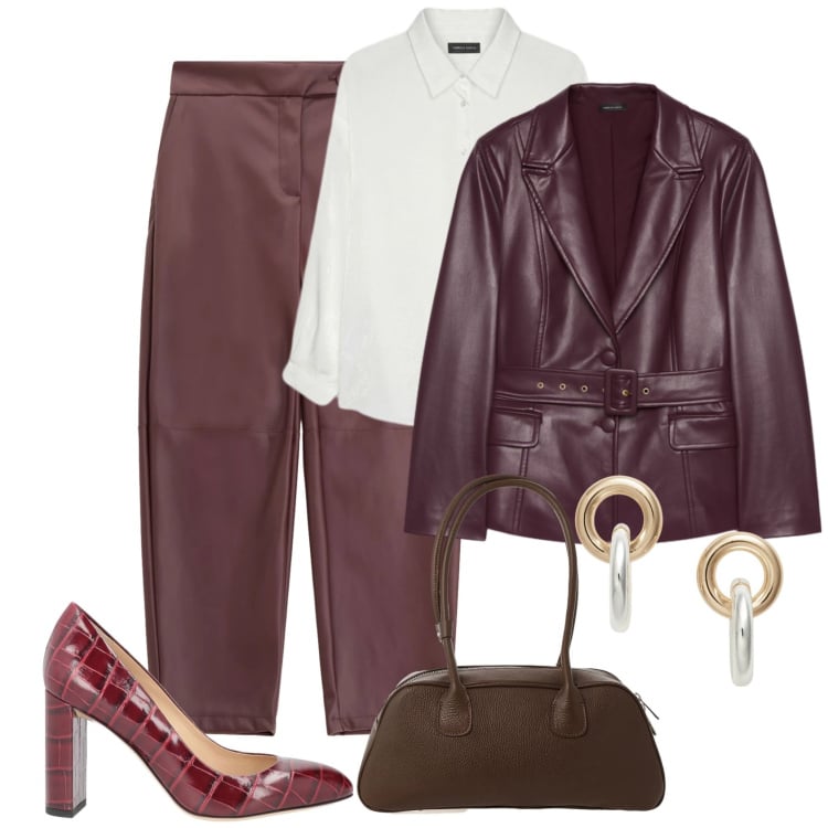 Outfit donna - Sfumature burgundy. Stile Glamour per Tutti i giorni. Abbinamento con décolleté, blazer, camicie, pantaloni, orecchini, borse a mano.