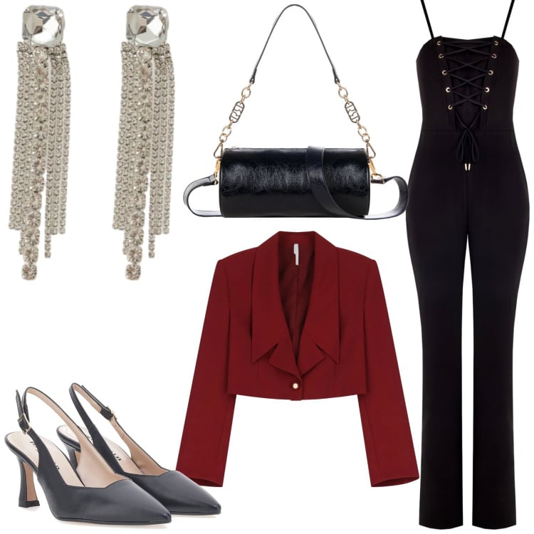 Outfit donna - Total look #2337541. Stile Glamour per Serata fuori. Abbinamento con tute, borse a mano, blazer, orecchini, décolleté.