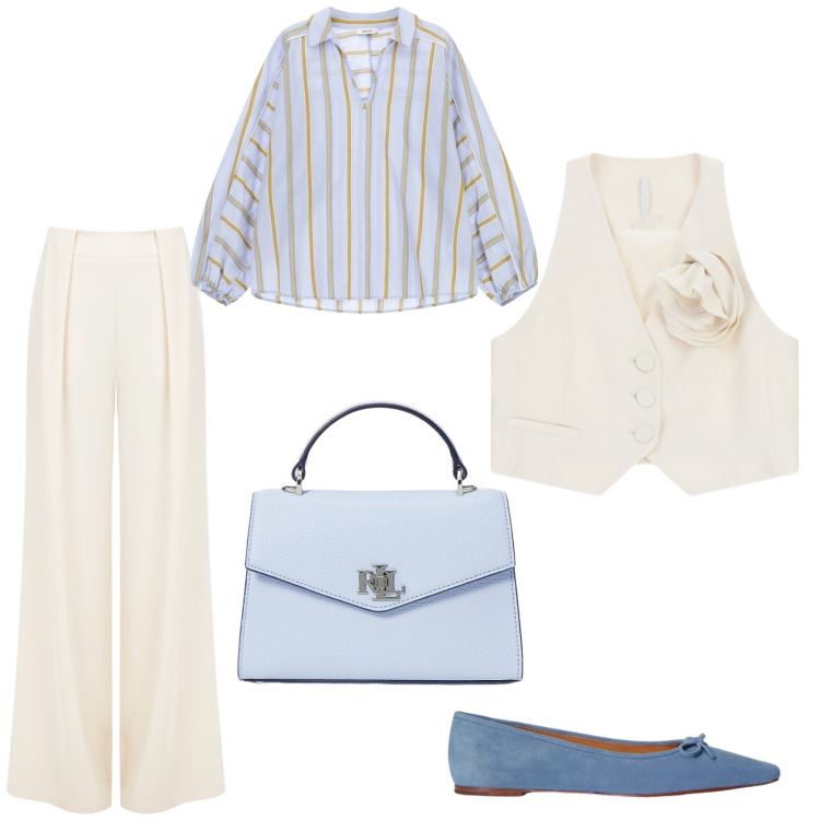 Outfit donna - Elegante ma discreta. Stile Glamour per Serata fuori. Abbinamento con gilet, bluse, pantaloni a palazzo, ballerine, borse a mano.