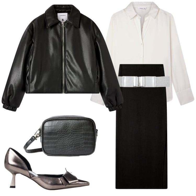 Outfit donna - Capsula 2 Febbraio. Stile Casual chic per Serata fuori. Abbinamento con borse a tracolla, bomber, camicie, cinture, gonne lunghe, décolleté.