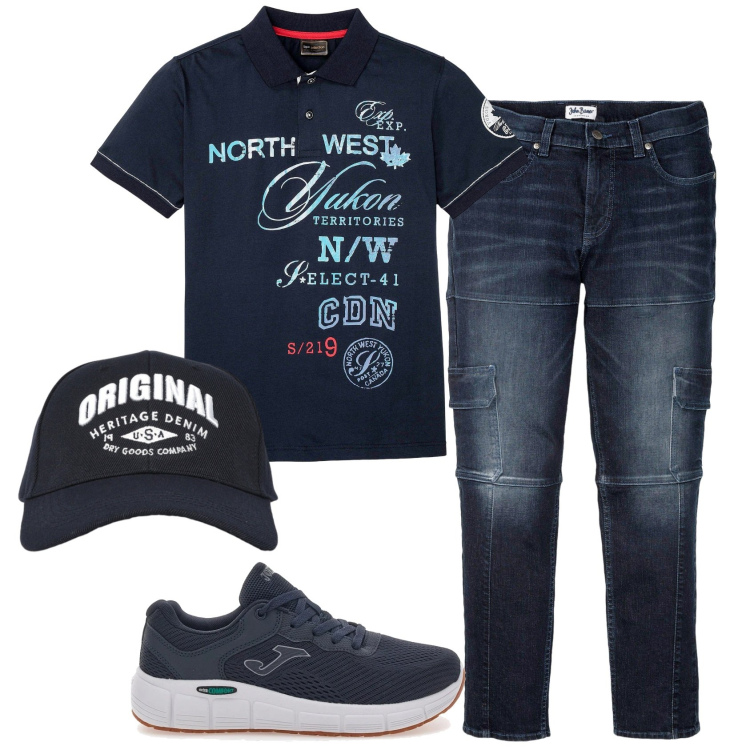 Outfit uomo - Total look #2337546. Stile Casual per Tutti i giorni. Abbinamento con jeans slim fit, polo, cappelli con visiera, sneakers.
