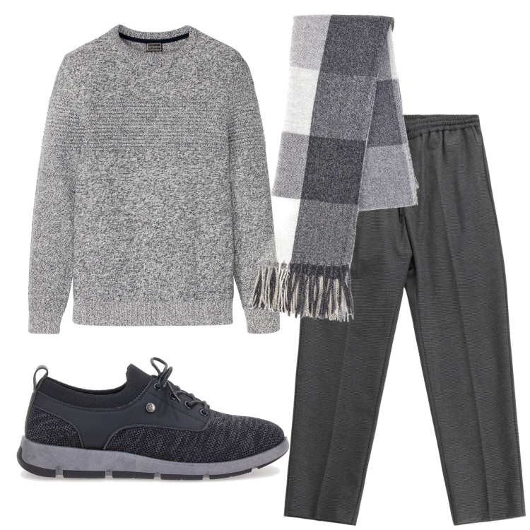 Outfit uomo - Total look #2337547. Stile Casual per Ufficio. Abbinamento con maglieria, pantaloni, sciarpe, scarpe stringate.
