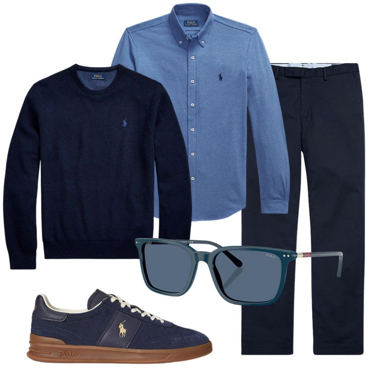 Outfit uomo - Total look #2337556. Stile Business/Elegante per Ufficio. Abbinamento con maglieria, pantaloni chino, occhiali da sole, sneakers, camicie.